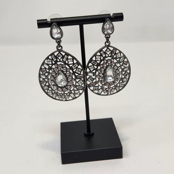 Premier Designs Gunmetal Gray Clear Rhinestone Teardrop Post Earrings Oversized - Picture 1 of 6